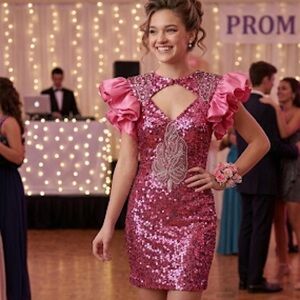 Pink Sequin Party Dress with Ruffle Sleeves